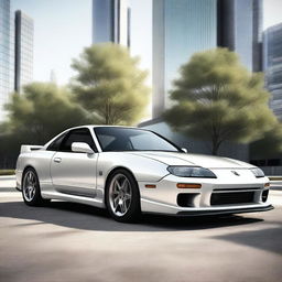 A detailed and realistic rendering of a Nissan 180SX car with a premium opal white silver pearl color