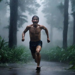 A man runs frantically through a dark Amazon forest during a thunderstorm and heavy rain