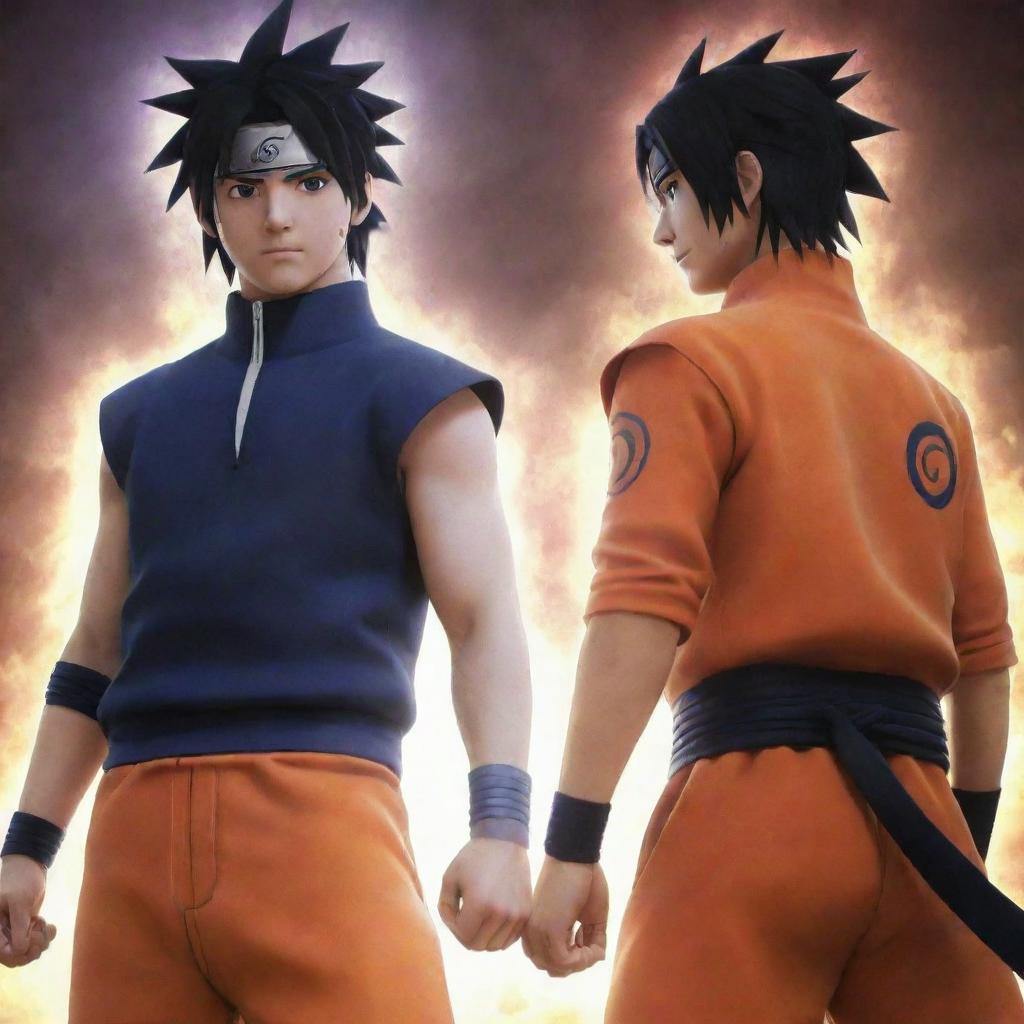 Naruto and Sasuke, standing back to back, exuding god-like powers, the sheer energy around them causing the air to shimmer.