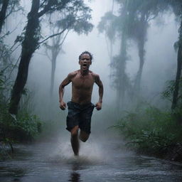 A man runs frantically through a dark Amazon forest during a thunderstorm and heavy rain