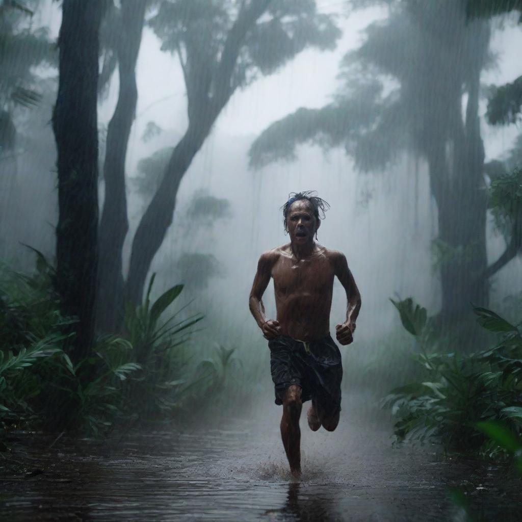 A man runs frantically through a dark Amazon forest during a thunderstorm and heavy rain