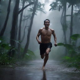 A man runs frantically through a dark Amazon forest during a thunderstorm and heavy rain