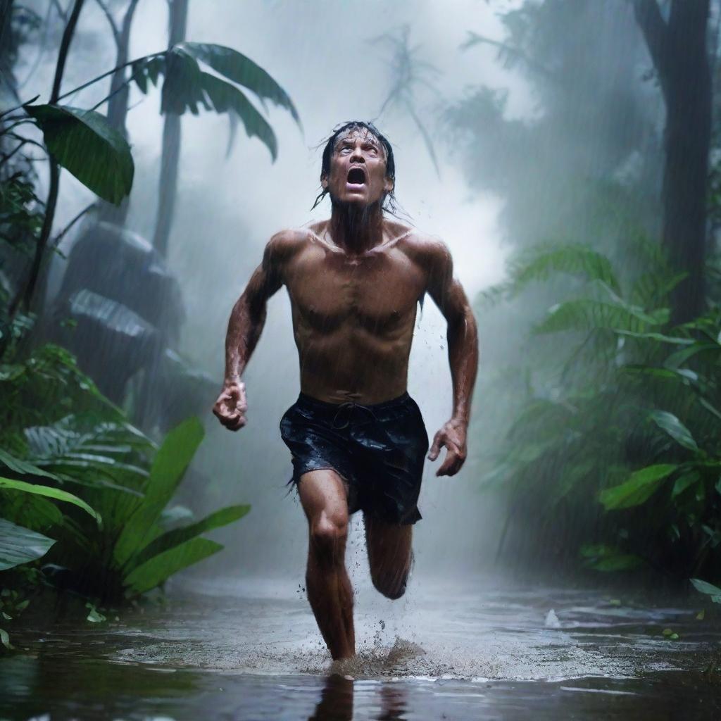 A man runs wildly through a dark Amazon forest during a thunderstorm and heavy rain