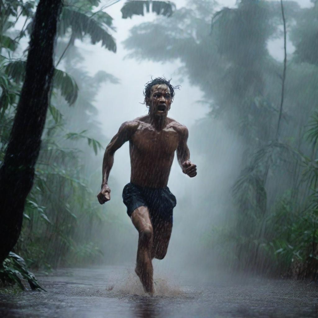 A man runs wildly through a dark Amazon forest during a thunderstorm and heavy rain