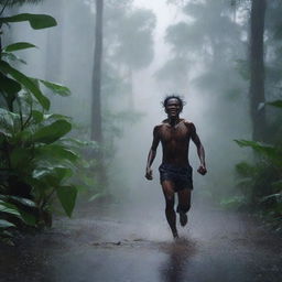 A man runs wildly through a dark Amazon forest during a thunderstorm and heavy rain