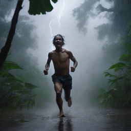 A man runs wildly through a dark Amazon forest during a thunderstorm and heavy rain