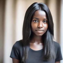 A detailed portrait of a young woman with dark skin and long, straight black hair