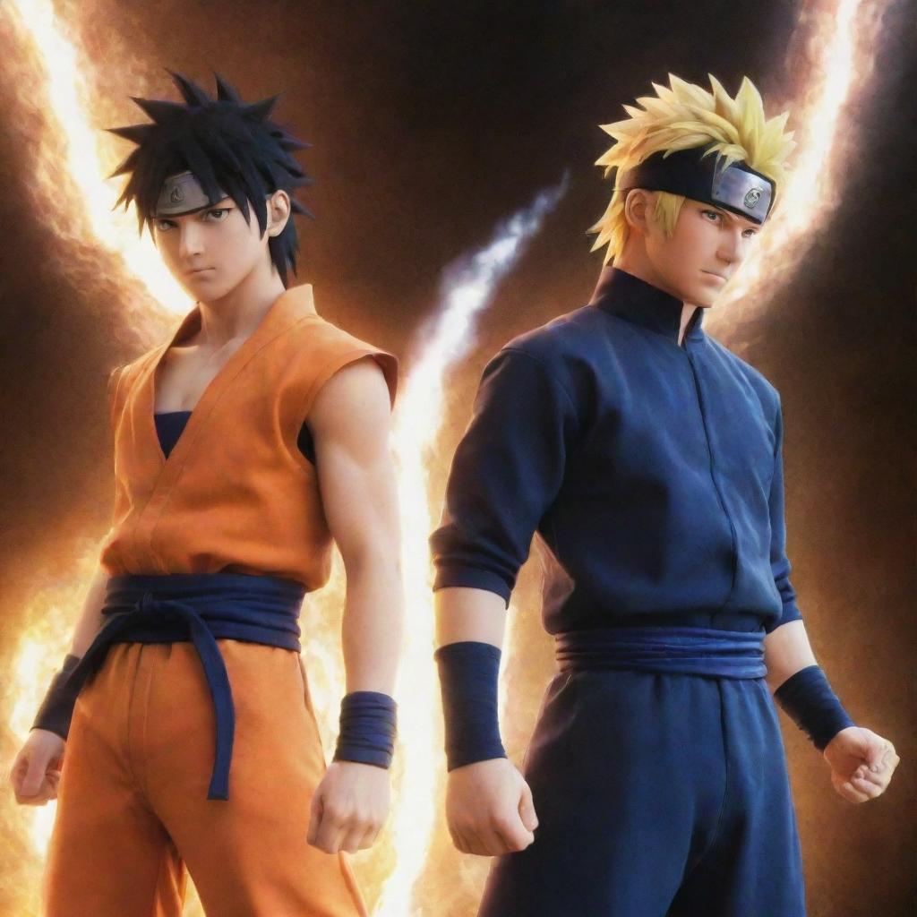 Naruto and Sasuke, standing back to back, exuding god-like powers, the sheer energy around them causing the air to shimmer.