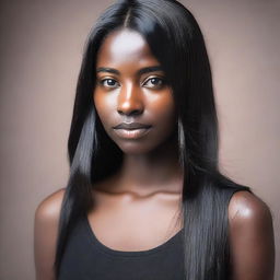 A detailed portrait of a young woman with dark skin and long, straight black hair