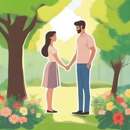 A woman and a man standing together in a serene park