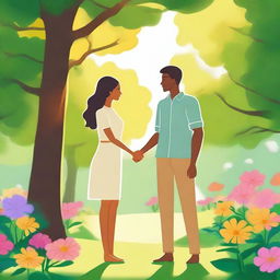 A woman and a man standing together in a serene park