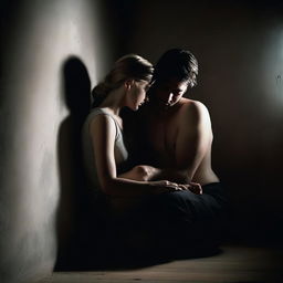 A woman and a man sitting together in a dark room, in the corner