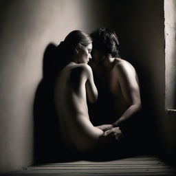 A woman and a man sitting together in a dark room, in the corner