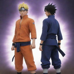 Naruto and Sasuke, standing back to back, exuding god-like powers, the sheer energy around them causing the air to shimmer.