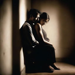 A man leaning his back against a wall with his arms wrapped around a woman who is sitting between his legs