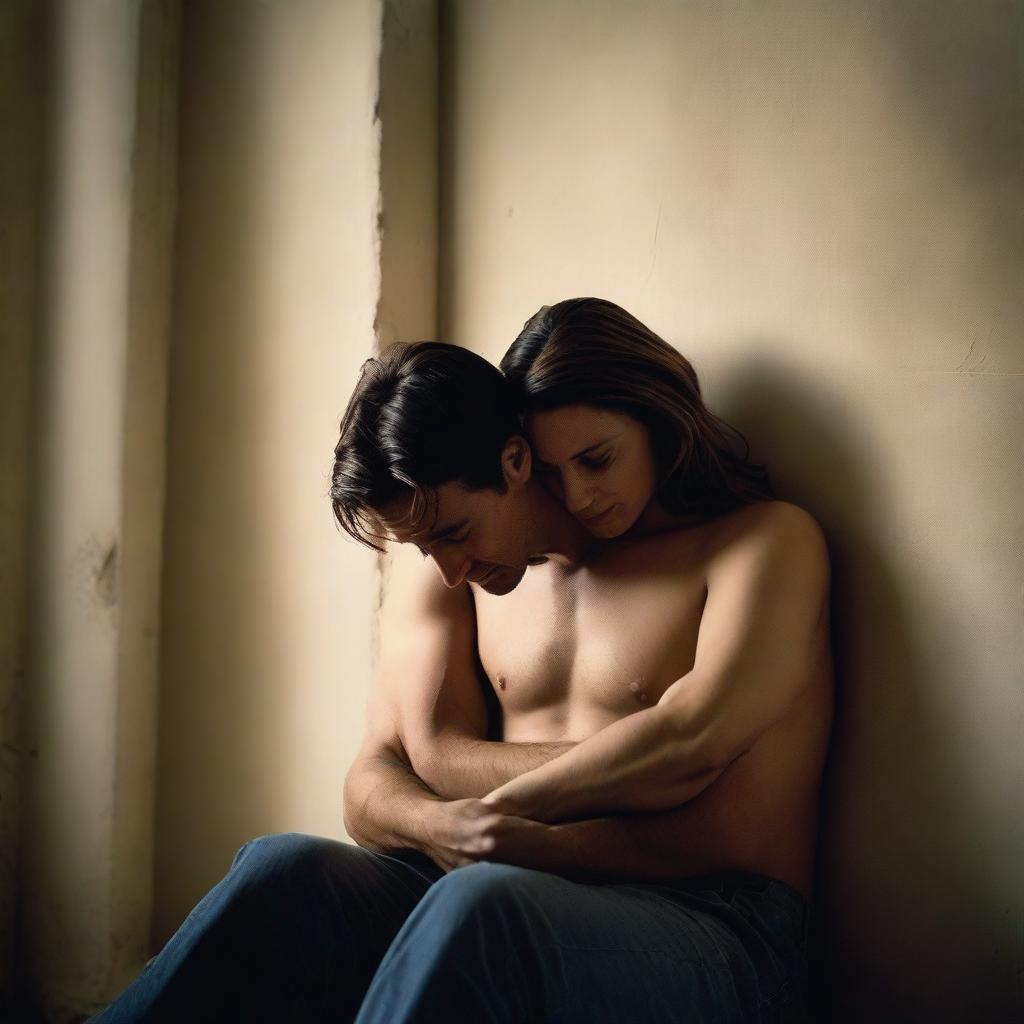 A man is leaning his back against a wall with his arms wrapped around a woman who is sitting between his legs