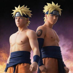 Naruto and Sasuke, standing back to back, exuding god-like powers, the sheer energy around them causing the air to shimmer.