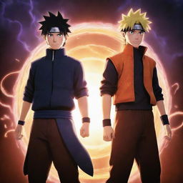 In an animated style, a vivid image of Naruto and Sasuke, standing back to back with a glow of god-like powers radiating off them, causing an impressive visual spectacle.