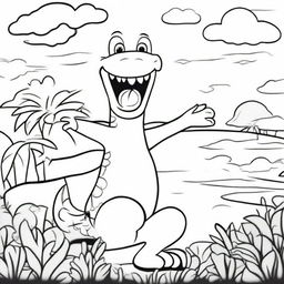 A friendly alligator with a big smile, standing on its hind legs and waving