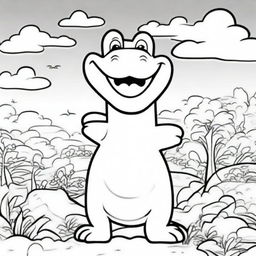 A friendly alligator with a big smile, standing on its hind legs and waving