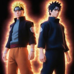 In an animated style, a vivid image of Naruto and Sasuke, standing back to back with a glow of god-like powers radiating off them, causing an impressive visual spectacle.