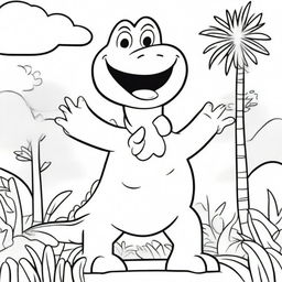 A friendly alligator with a big smile, standing on its hind legs and waving