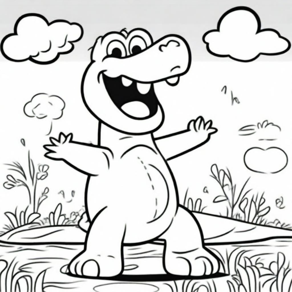 A friendly alligator with a big smile, standing on its hind legs and waving