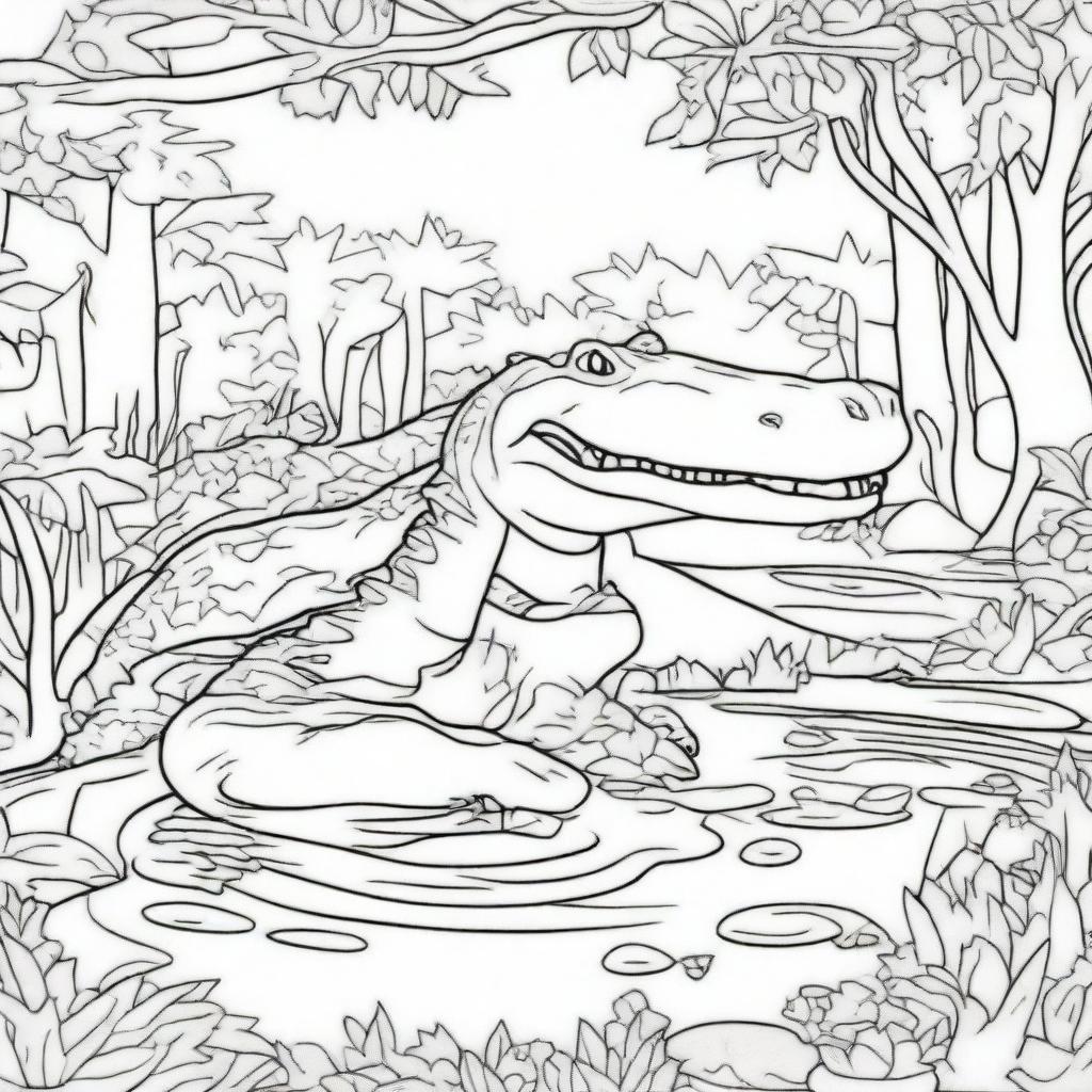 A detailed coloring book page featuring an alligator
