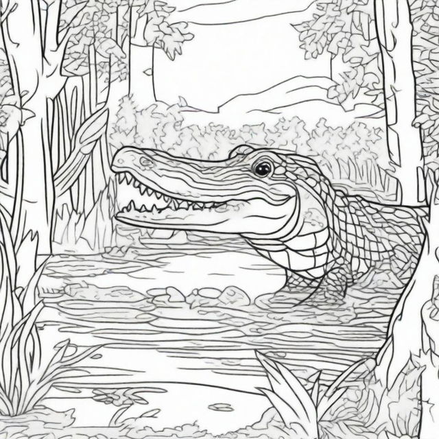 A detailed coloring book page featuring an alligator