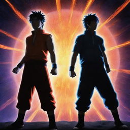 In an animated style, a vivid image of Naruto and Sasuke, standing back to back with a glow of god-like powers radiating off them, causing an impressive visual spectacle.