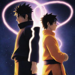 In an animated style, a vivid image of Naruto and Sasuke, standing back to back with a glow of god-like powers radiating off them, causing an impressive visual spectacle.