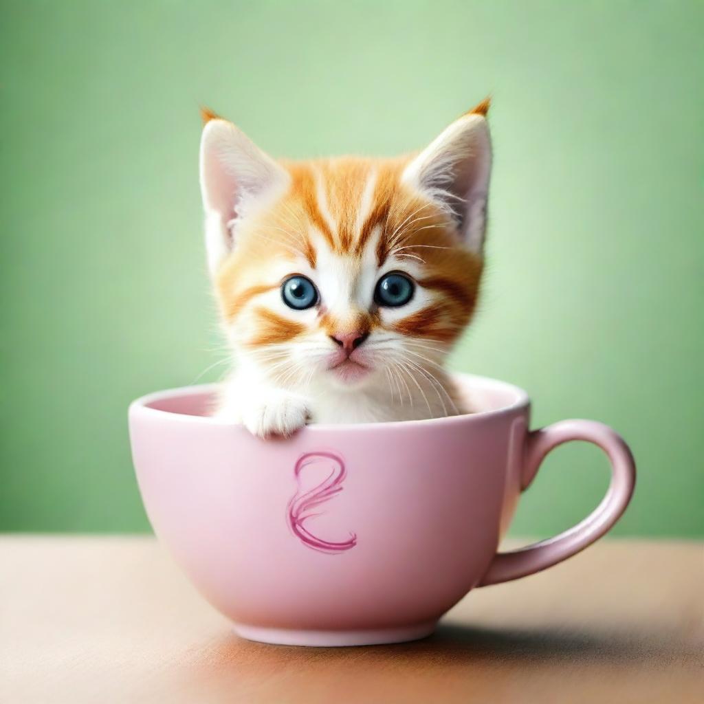 A high-resolution photograph of an adorable kitten sitting inside a teacup