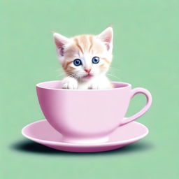 A high-resolution photograph of an adorable kitten sitting inside a teacup