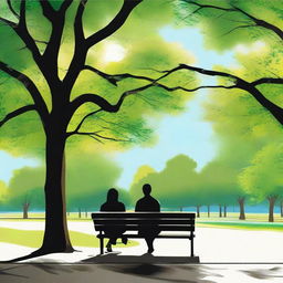 A serene scene of two people sitting on a park bench