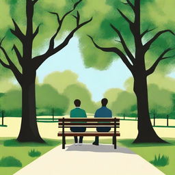 A serene scene of two people sitting on a park bench