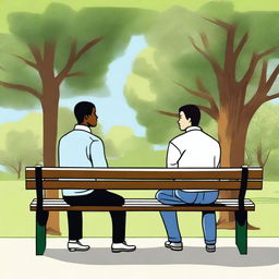 A serene scene of two people sitting on a park bench