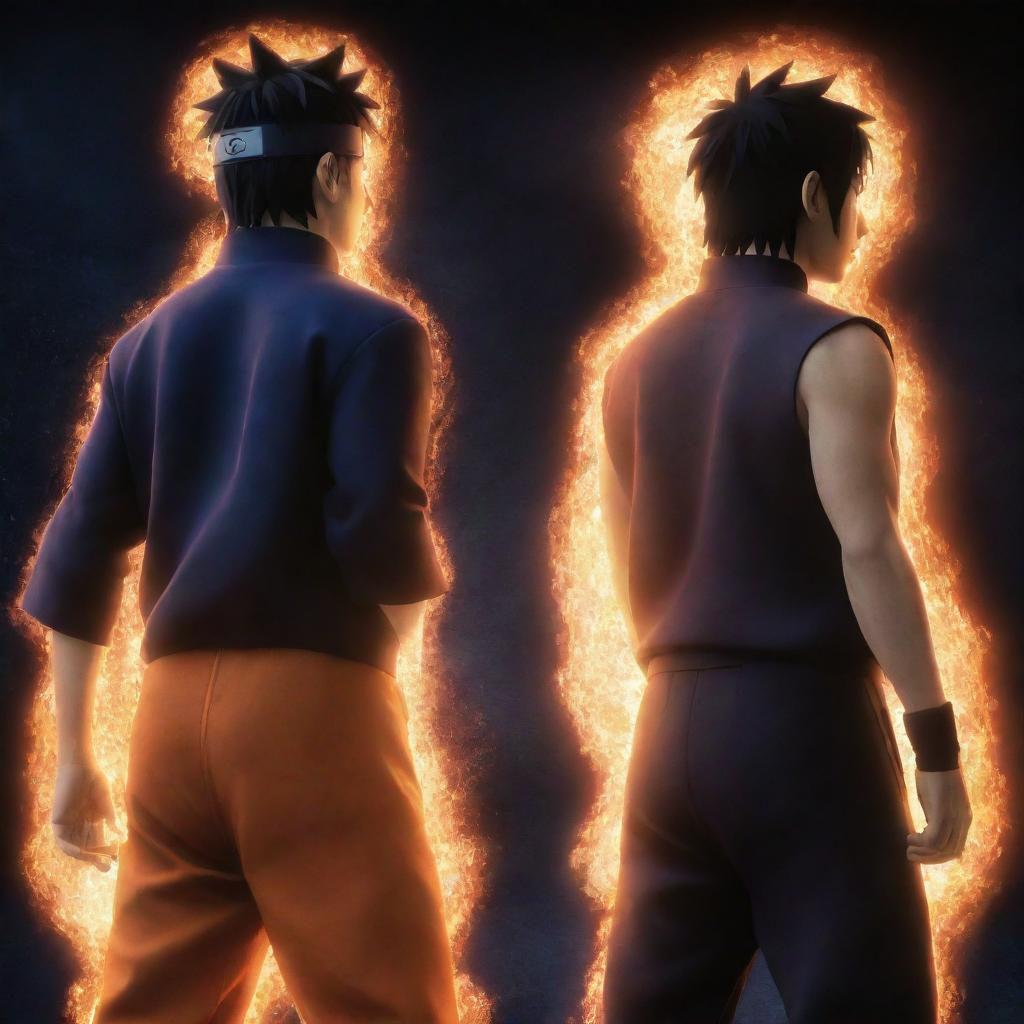 Enhanced animated image of Naruto and Sasuke standing back-to-back, emanating sharp, brilliant bursts of god-like powers, the spectacle bursting with vivid energy.