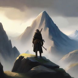 Create an image of Sonen on Benach, a fantasy scene featuring a heroic character named Sonen standing on a majestic mountain named Benach