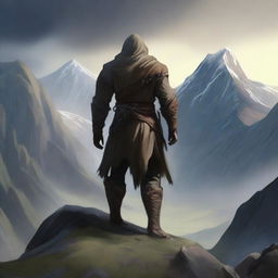 Create an image of Sonen on Benach, a fantasy scene featuring a heroic character named Sonen standing on a majestic mountain named Benach