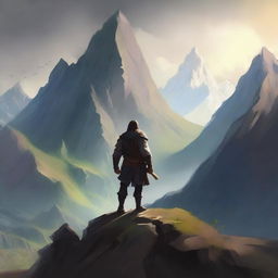 Create an image of Sonen on Benach, a fantasy scene featuring a heroic character named Sonen standing on a majestic mountain named Benach