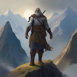 Create an image of Sonen on Benach, a fantasy scene featuring a heroic character named Sonen standing on a majestic mountain named Benach