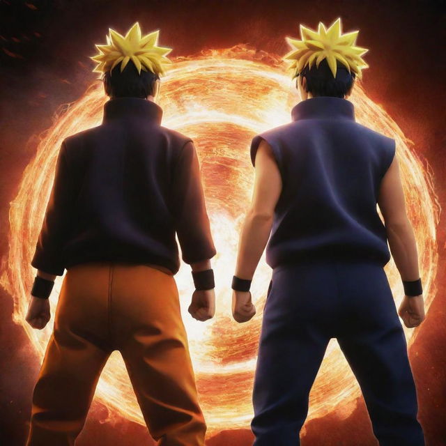 Enhanced animated image of Naruto and Sasuke standing back-to-back, emanating sharp, brilliant bursts of god-like powers, the spectacle bursting with vivid energy.