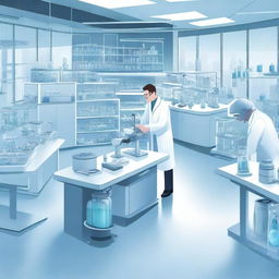 A detailed illustration of a futuristic science laboratory filled with advanced technology, scientists in lab coats working on experiments, and various scientific equipment like microscopes, computers, and chemical flasks