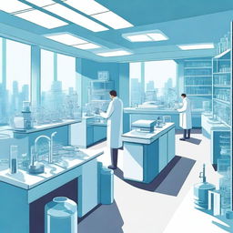 A detailed illustration of a futuristic science laboratory filled with advanced technology, scientists in lab coats working on experiments, and various scientific equipment like microscopes, computers, and chemical flasks