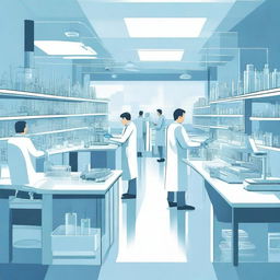 A detailed illustration of a futuristic science laboratory filled with advanced technology, scientists in lab coats working on experiments, and various scientific equipment like microscopes, computers, and chemical flasks