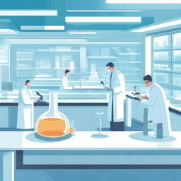 A detailed illustration of a futuristic science laboratory filled with advanced technology, scientists in lab coats working on experiments, and various scientific equipment like microscopes, computers, and chemical flasks