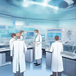 A detailed illustration of a futuristic science laboratory filled with advanced scientific equipment, researchers in white lab coats, and holographic displays showcasing complex data