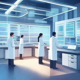 A detailed illustration of a futuristic science laboratory filled with advanced scientific equipment, researchers in white lab coats, and holographic displays showcasing complex data