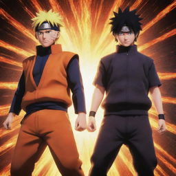 Enhanced animated image of Naruto and Sasuke standing back-to-back, emanating sharp, brilliant bursts of god-like powers, the spectacle bursting with vivid energy.