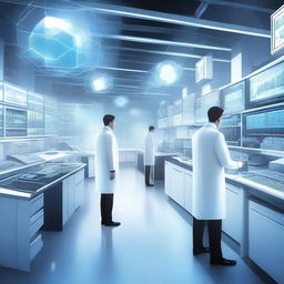 A detailed illustration of a futuristic science laboratory filled with advanced scientific equipment, researchers in white lab coats, and holographic displays showcasing complex data